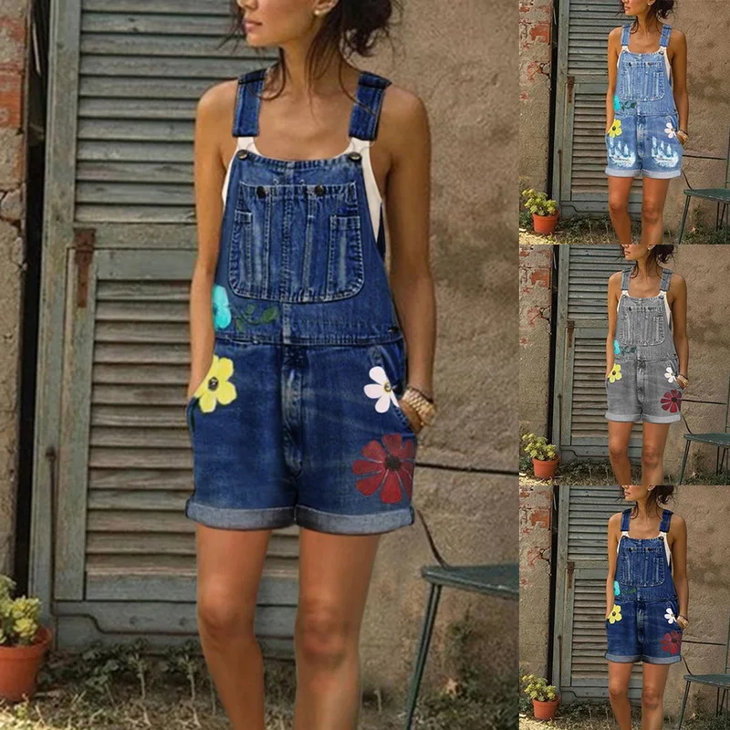 2020 New Summer Women Long Jumpsuits Fashion Flowers Printed Jeans Short Romper Casual Floral Pocket Playsuit Denim Overalls 2020 New Summer Women Long Jumpsuits Fashion Flowers Printed Jeans Short Romper Casual Floral Pocket Playsuit Denim Overalls