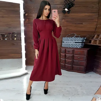

Women Vintage A-line Party Dress Long Sleeve O-neck Solid Winter Dress 2019 New Elegant Fashion Long Dress High Waist Vestidos