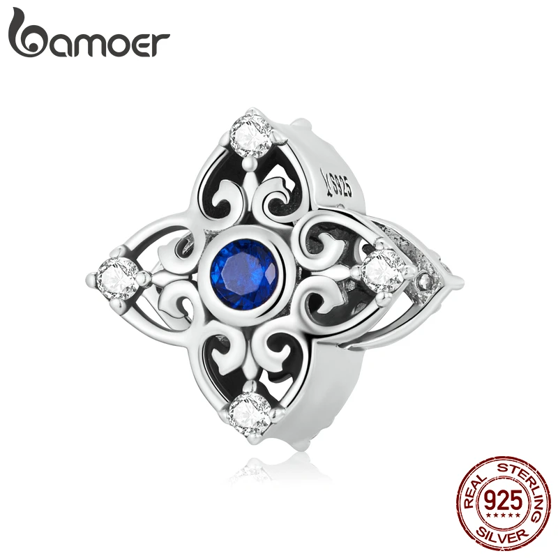 

BAMOER 925 Sterling Silver Blue CZ Vintage Pattern Hollow Charm Pink Gem Heart Bead for Original Bracelet Bangle Women Jewelry