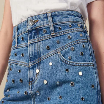 

Women Skirt 2019 Autumn and Winter New Rivets Washed A Word Denim Retro Skirt Women