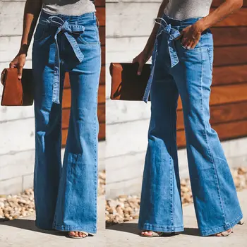 

Blue Jeans Women High Waist Wide Leg Flare Pant Denim Jeans Mom Casual Lace Up Bow Belt Bell Bottom Pants Jeans Plus Size 2XL