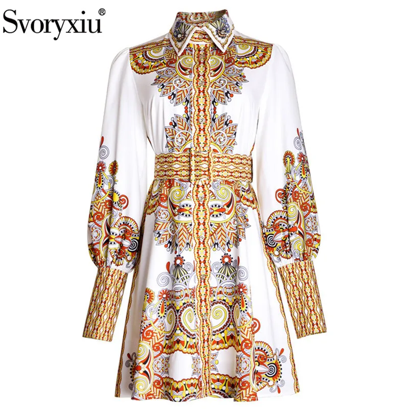 

Svoryxiu Vintage Runway Autumn Winter Party Dresses Women's Fashion Lantern Sleeve totem Print Single-Breasted Short Dress