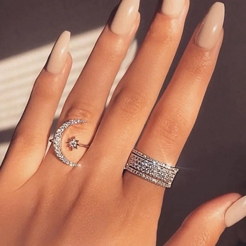 

2019 New Fashion Ring Moon& Star Dazzling Open Finger Rings For Women Girls Jewelry Crystal Ring Wedding Engagement Jewelry