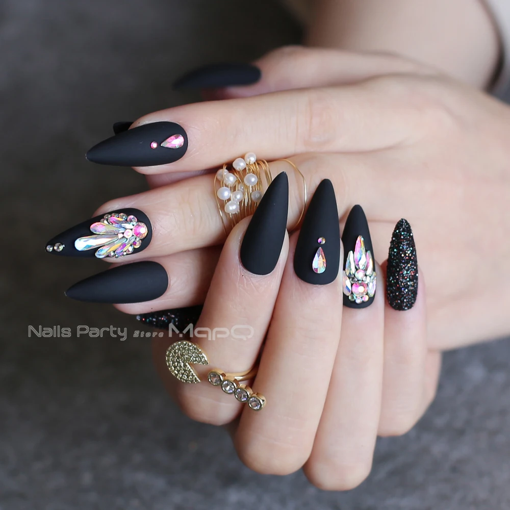 Completo de Unhas Peças de Pçs Azeitona Verde Salão Stiletto Unhas Falsas Diy Cristal Glitter Conjunto Caixa Personalizada 24 3 High Quality Beleza e saúde