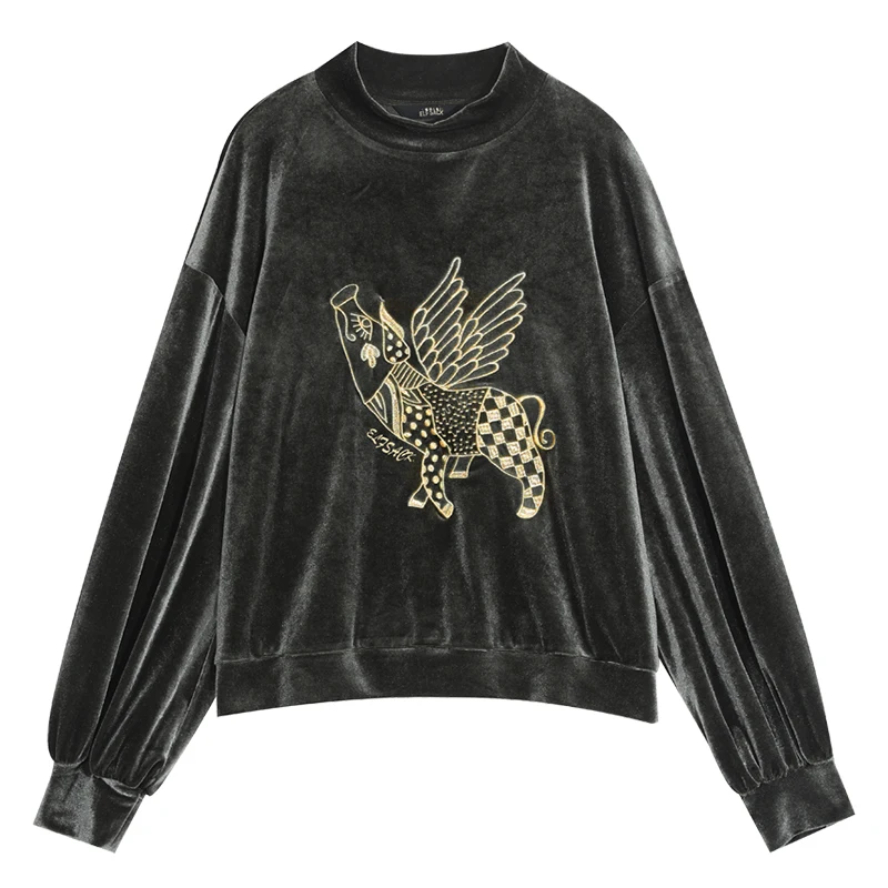 Армейский зеленый ELFSACK Green Pig Print Turtleneck Casual Velvet Sweatshirt Women Tops Autumn Streetwear Oversize Female Sweatshirts - Цвет: Армейский зеленый