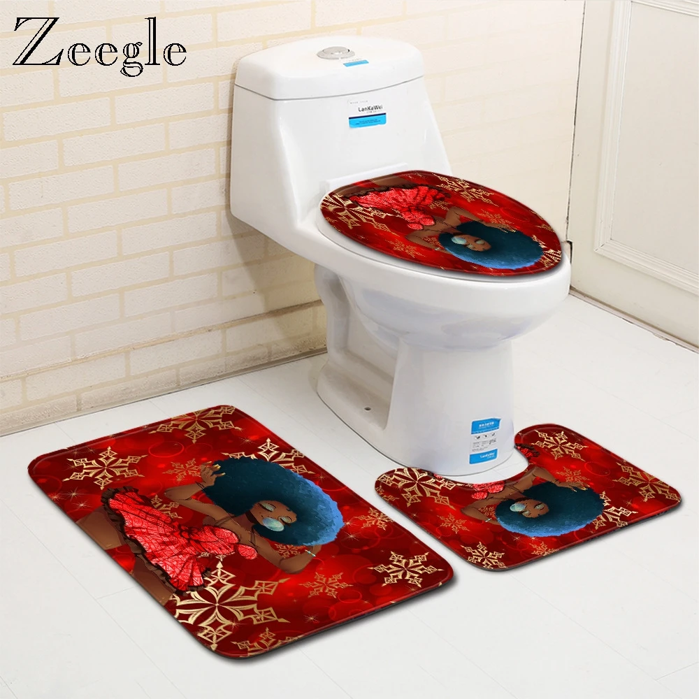 Zeegle Printed Africa Wemon Bath Mat Set Cartoon Bath Mat Anti-slip Toilet Bath Rug Flannel Toilet Seat Cover Toilet Foot Rug