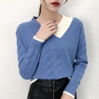 

Women Korean Style Sweaters Solid Color V-neck Elegant Yellow Pullover Fall Clothing Harajuku Punk Jumper