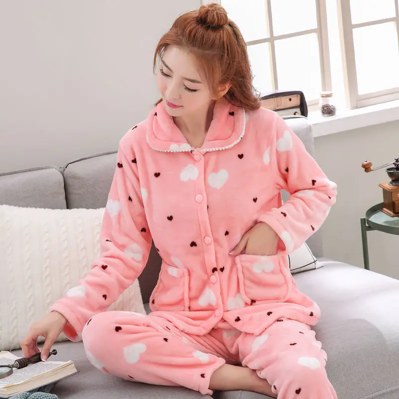 Women Pajamas Set Spring Autumn New Warm Cartoon Printed Long Sleeve Cute Sleepwear Casual Homewear Female Pyjamas - Цвет: Фиолетовый