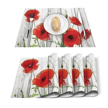 

Vintage Wood Red Flowers Poppy Placemats Printed Tableware Placemat for Dining Table Mat Set Drink Coasters Kitchen Bowl Pads