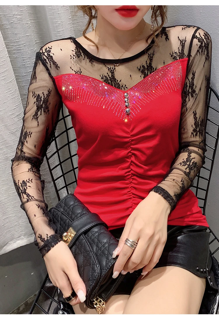 New 2020 Autumn long sleeve Women t-shirts Fashion Sexy hollow out Hot drilling Mesh shirt Plus size womens shirt blusas