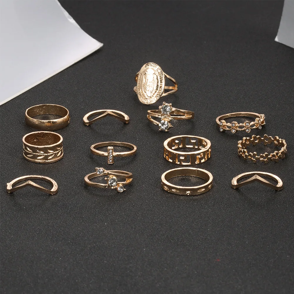 Gold Rings Finger Rings Set Women Crystal Geometric Retro Knuckle Ring Jewelry Gift