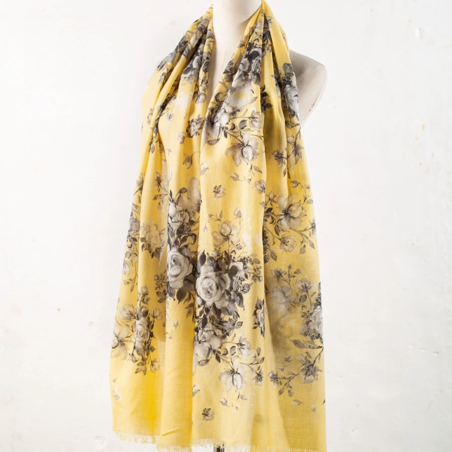 Warm Yellow Gray Цветочный принт длинный шерстяной шарф, шаль женский зимний шарф обертывания 180*65 см - Цвет: Warm Yellow Gray