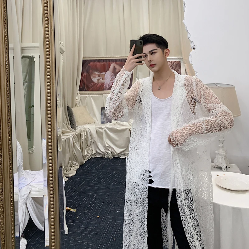 Черно-белая рубашка мужская ажурная модная Повседневная с длинным рукавом