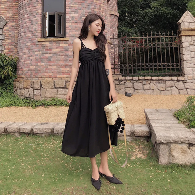

Summer New Style Solid Color High-waisted Dress Women's Doubles Dew Shoulder Strap Tube Top Mid-length Big Hemline Dress Strappe