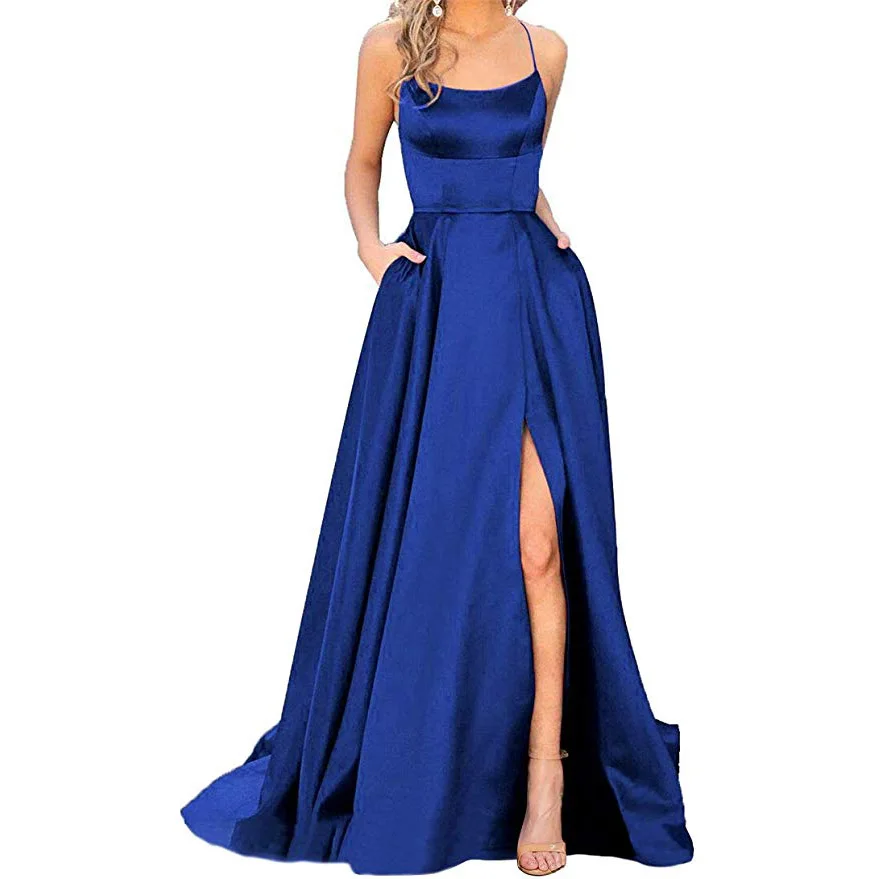 2022 Black Blue Long Prom Dresses Simple A Line Cheap Prom Gown High Slit Spaghetti Straps Cross Back Evening Dresses long sleeve maxi dress formal Evening Dresses