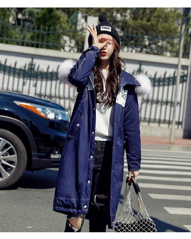 Western Style Large Fur Collar down Jacket Women's Mid-length Winter Loose Thick Warm over-the-Knee White Duck down Coat Fa
