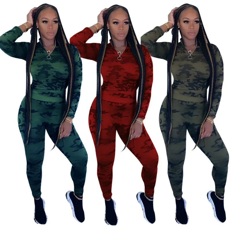 

2020 Autumn Women Suit Hot Style Model Camouflage Print Zipper European And American Fashion Casual Skinny Two Piece Set
