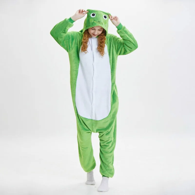 Лягушка Onesie животных мультфильм пижамы для взрослых женщин и девочек фланелевые мягкие теплые зимние комбинезон фестиваль вечерние маскарадный костюм