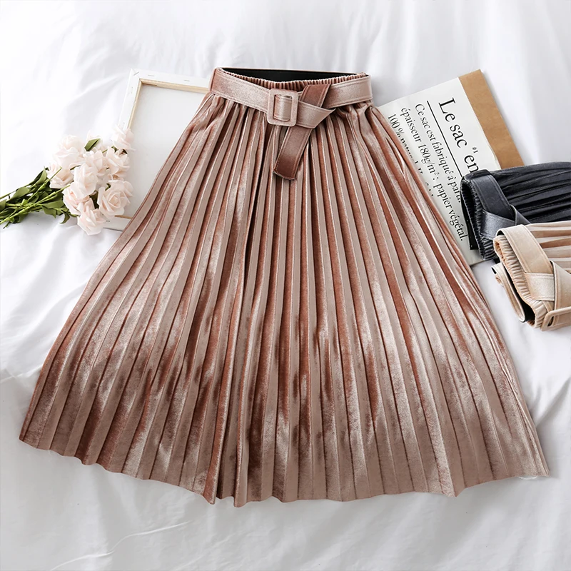

Mooirue Vintage Gold Velvet Maxi Skirt Women With Sashes Pleated High Waist Streetwear Loose High Waist Winter Saias Bottoms