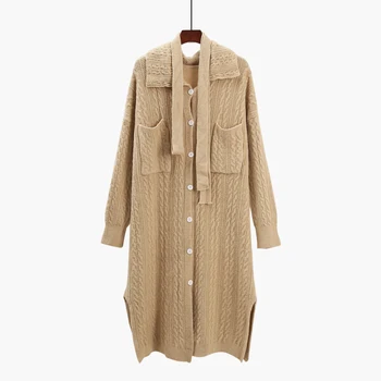 

long knitted women sweater and cardigan 2019 winter new solid pockets loose thicken warm lady elegant outwear coat tops