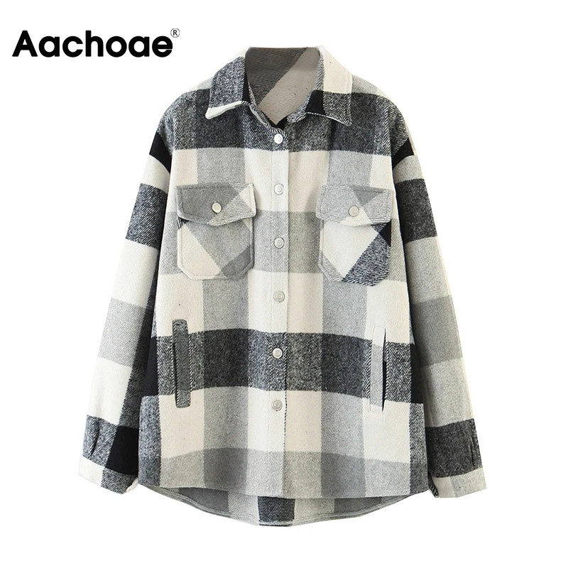 Aachoae Loose Casual Wool Plaid Jacket Women Turn Down Collar Fashion Coat With Pockets Autumn Long Sleeve Ladies Jackets Coats