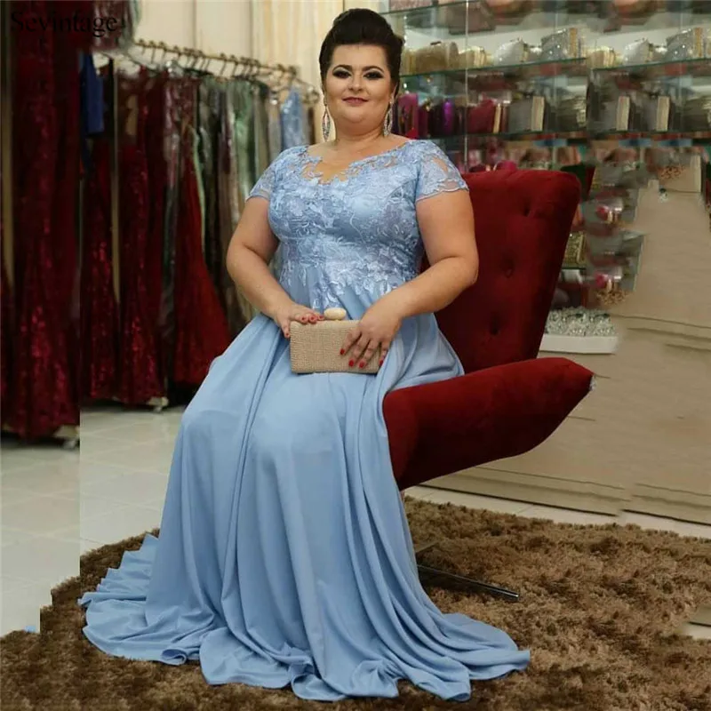 Sevintage Blue Empire Chiffon Mother of the Bride Dress Short Sleeve Lace Wedding Gowns Plus Size vestido de madrinha | Свадьбы и