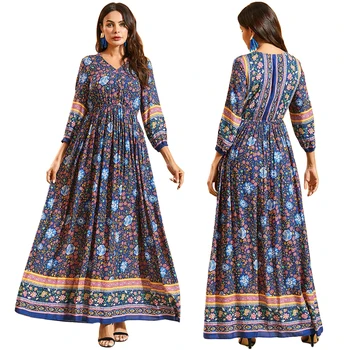 

Plus Size Boho Long Dress Women Floral Print Maxi Party Gown Muslim Abaya Dubai Kaftan Islam Clothing Robe Jilbab Caftan Turkish
