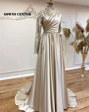 

Champagne Muslim Evening Dress Long Sleeves Turkey Beaded Party Dresses A Line Formal Gown robe de soirée femme