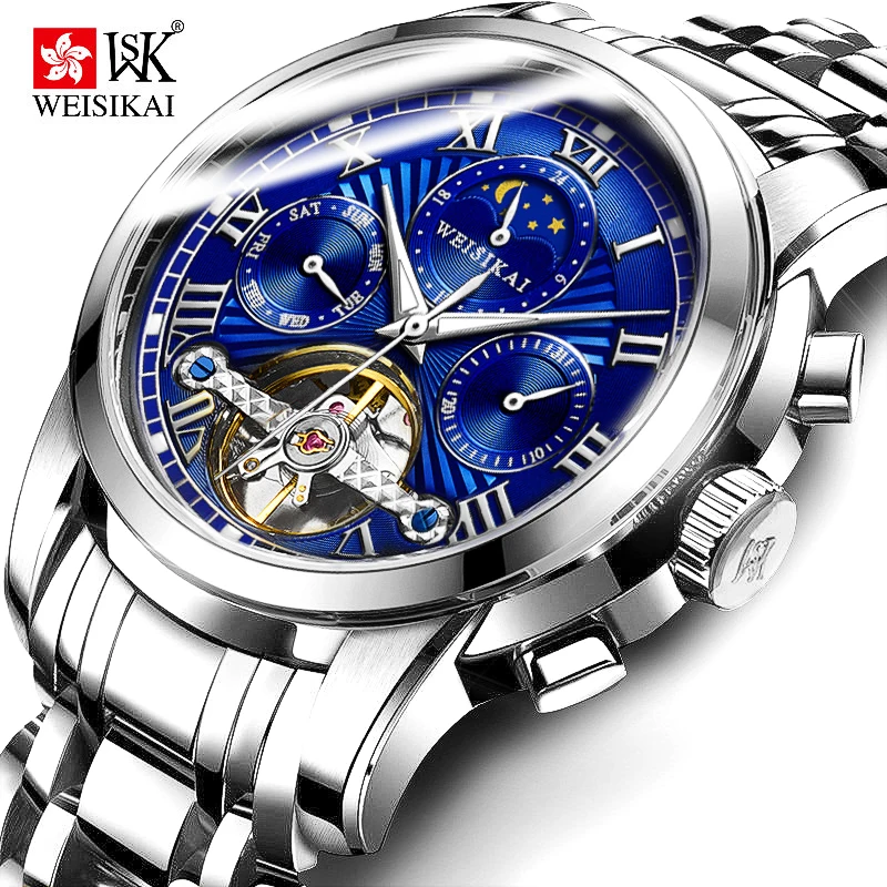 

WEISIKAI Top Brand Automatic Mechanical Men's Watches Fashion Casual Moon Phase Tourbillon Watch Men Skeleton Golden Wristwatch