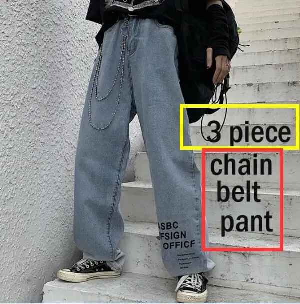 Chain Belt Pant Set Свободные мешковатые брюки размера плюс и размера d с буквенным принтом и широким поясом-цепочкой, джинсовые штаны в стиле рэп, Корейская уличная одежда, повседневные джинсы в стиле Харадзюку, хип-хоп, панк - Цвет: Chain Belt Pant Set