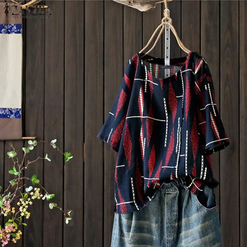 

2019 ZANZEA Summer Tunic Tops Women Casual Short Sleeve Loose Shirt Vintage Printed Party Blouse Femme Robe Blusas Chemise S 5XL