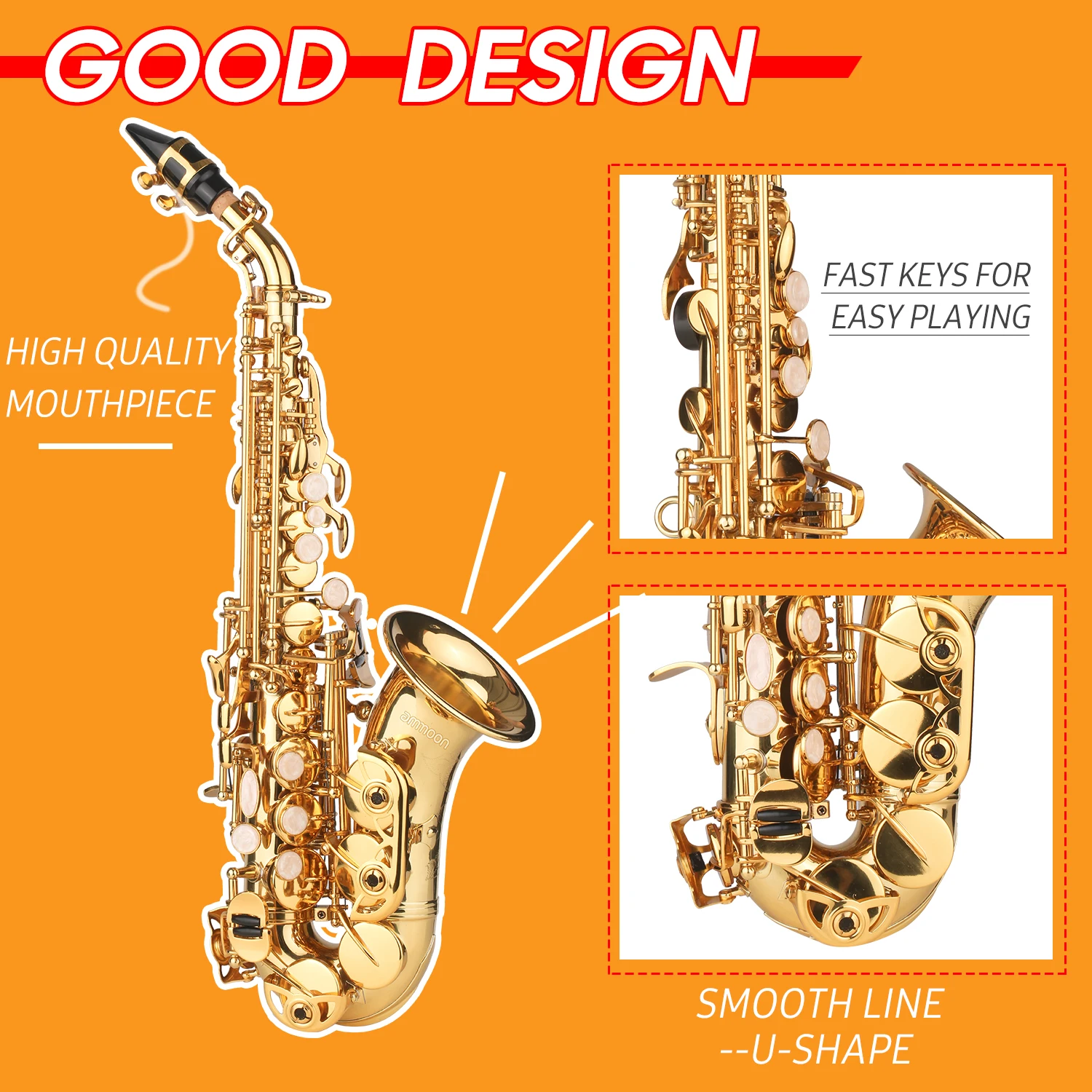 ammoon Bb Soprano Saxophone Gold Lacquer Brass Sax with Instrument Case Mouthpiece Neck Strap Cleaning Cloth Brush for Musicians