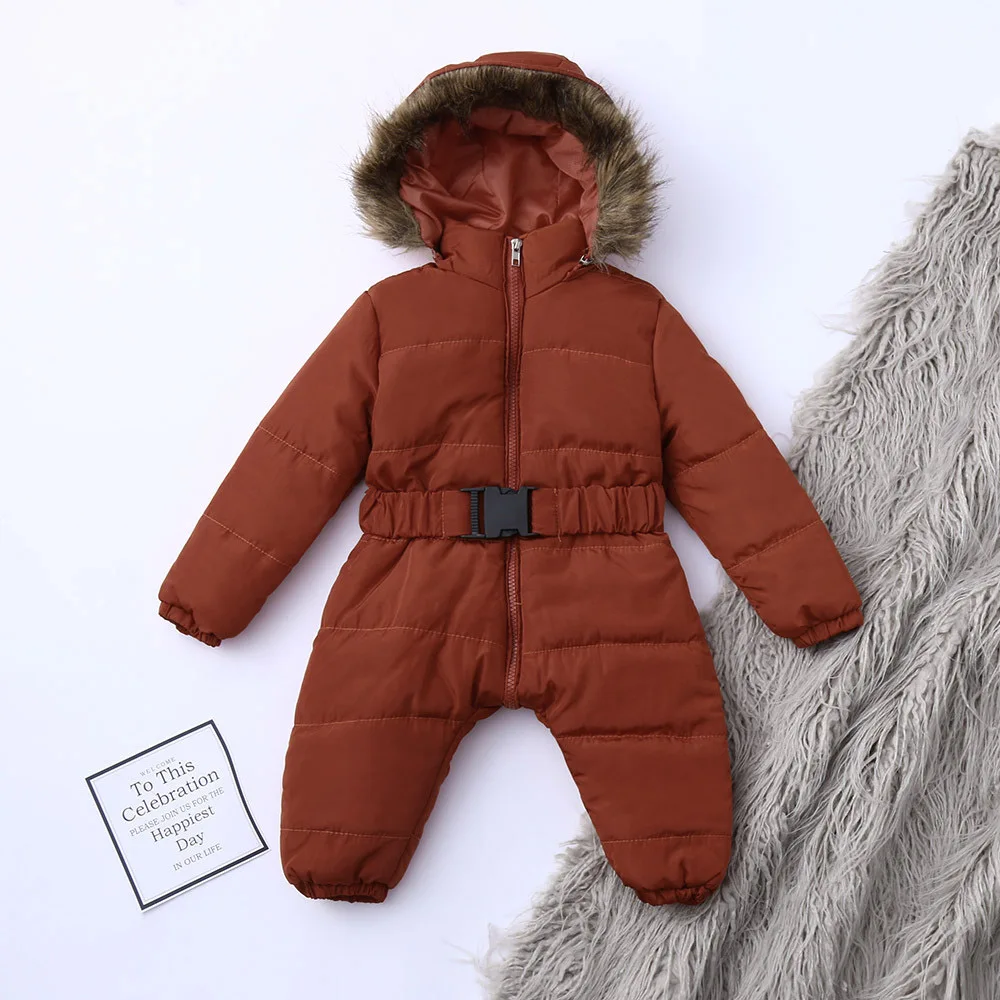 Brown Новинка; детская хлопковая куртка с длинными рукавами; Однотонный комбинезон; зимний комбинезон для девочек; теплый комбинезон с капюшоном; плотное пальто - Цвет: Brown