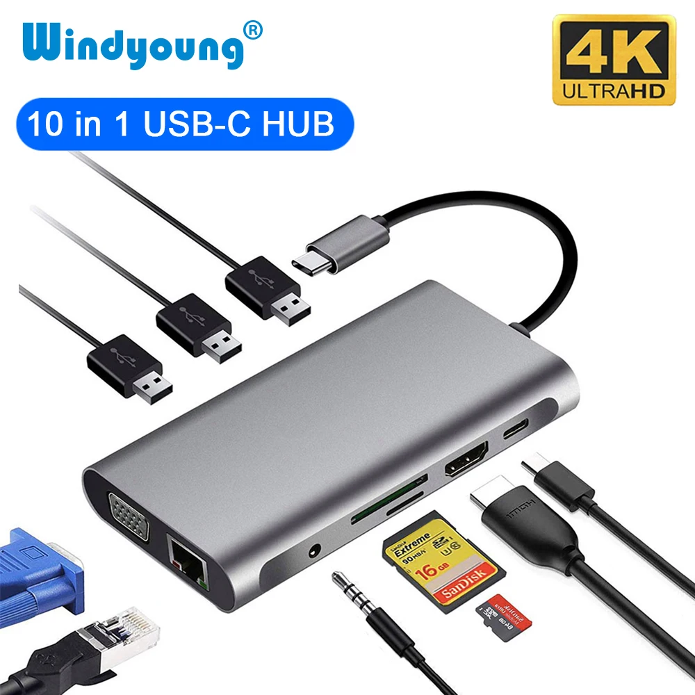 USB Type C Hub Type-C к HDMI 4K VGA адаптер RJ45 Lan Ethernet TF USB-C 3 0 OTG 5 мм разъем аудио видео для MacBook Pro |