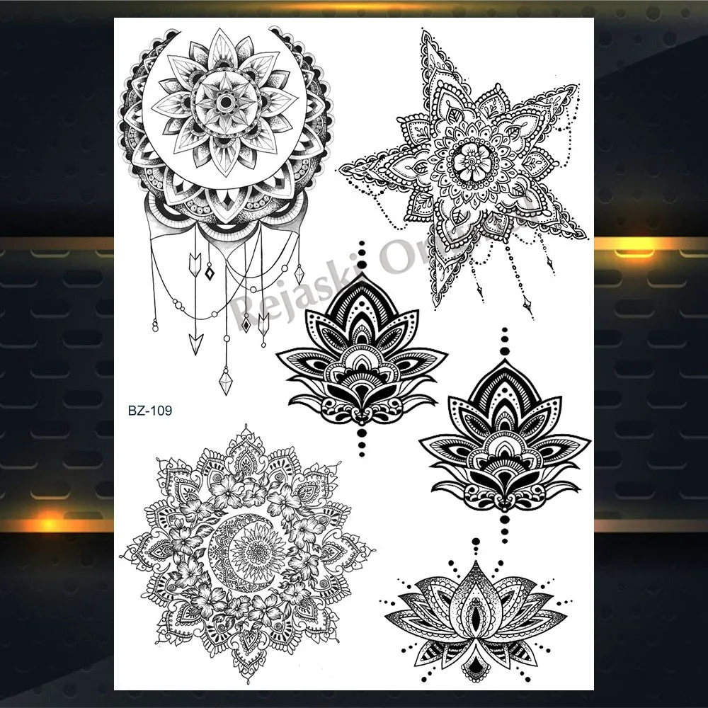 PBZ109 REJASKI черный серьги Henna Mandala цветок временные татуировки для Для женщин Стикеры пикантные водостойкие татуировки, боди-арт Arm талией, эксклюзивный дизайн татуировки - Цвет: PBZ109