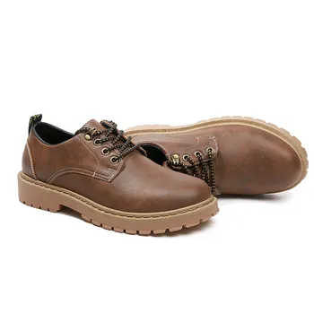 

2020 New Flat heel men boots leather Increase Shoes male Round head Solid Color Lace up fashion winter Botas Hombre Size 39-44