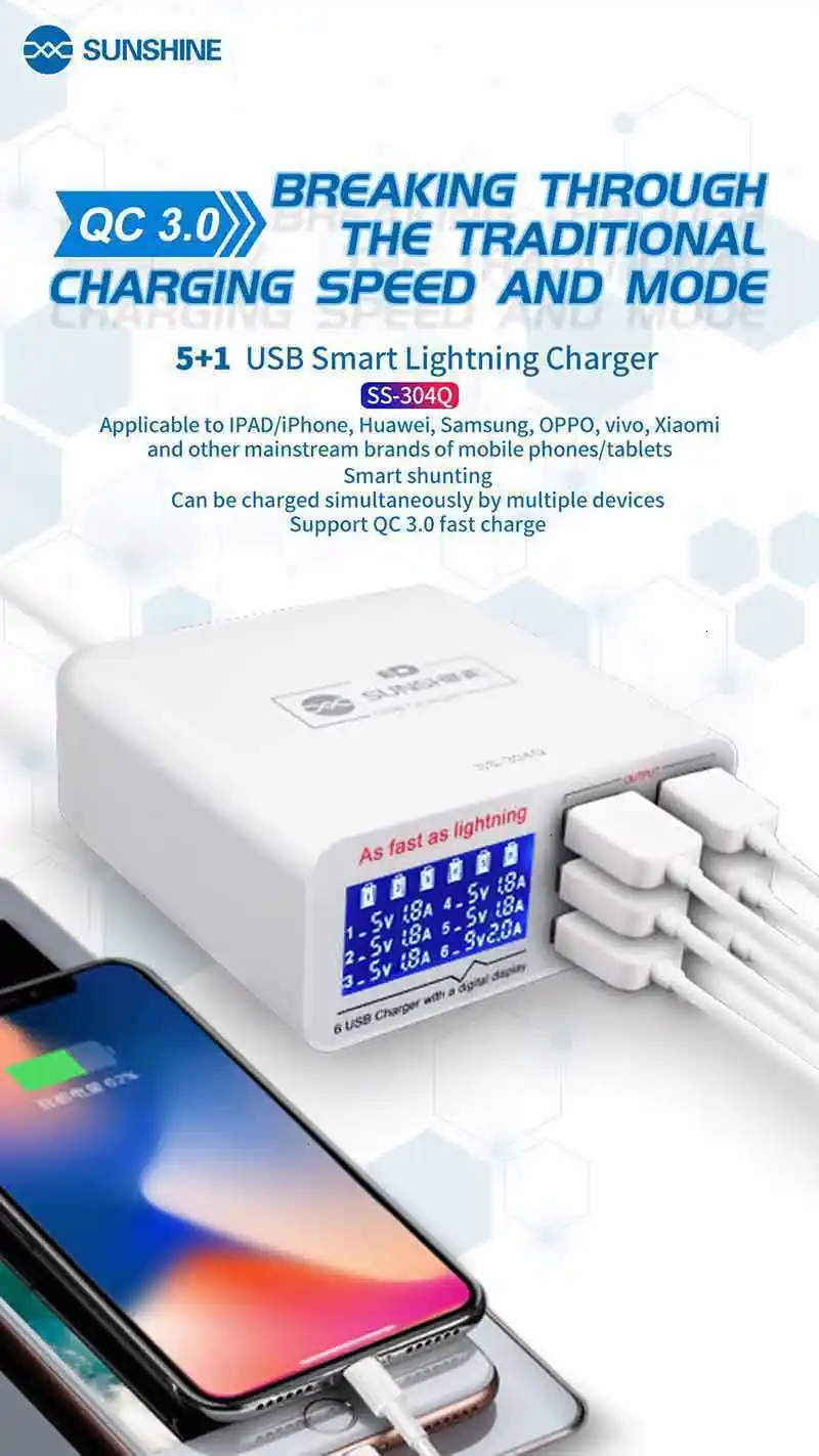 SUNSHINE SS-304Q USB Intelligence 2.4A Быстрая зарядка поддержка QC 3,0 сильная совместимость для IPAD/iPhone HUAWEI XIAOMI SAMSUNG