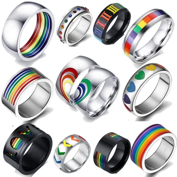 

GTQ Mens Womens Rainbow Colorful LGBT Ring Stainless Steel Wedding Band Lebian & Gay Rings Drop Shipping