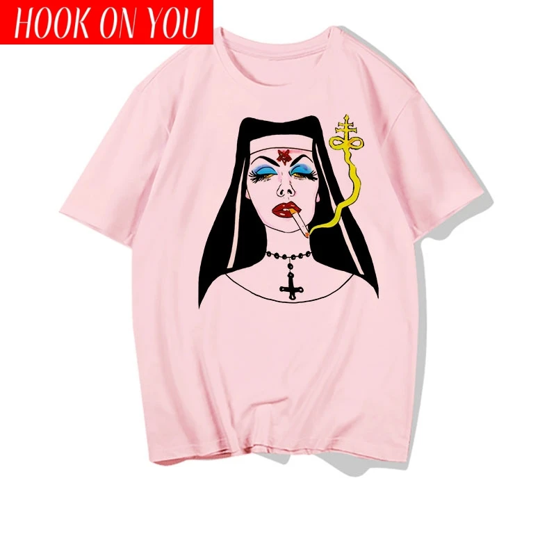 Женская летняя Модная белая футболка Harajuku Nuns Smoking Fun для отдыха винтажная женская