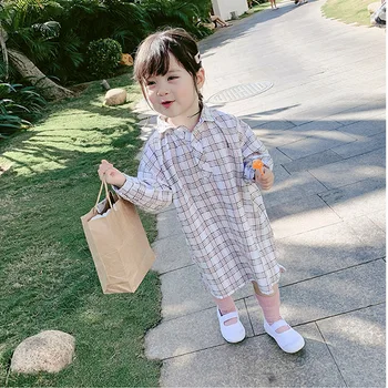 

Girl's Shirt Plaid Long Shirt Dress 2020 Spring Autumn Kids Leisure Cotton Dress with Long Sleeved Turn Down Collar Children