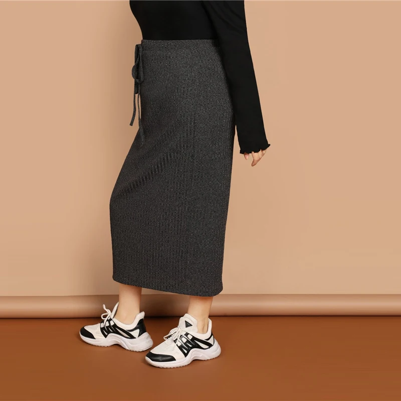 SweatyRocks плюс трикотажная юбка с завязками на талии, одежда для активного отдыха, одноцветные юбки макси, Осенние повседневные женские прямые серые юбки