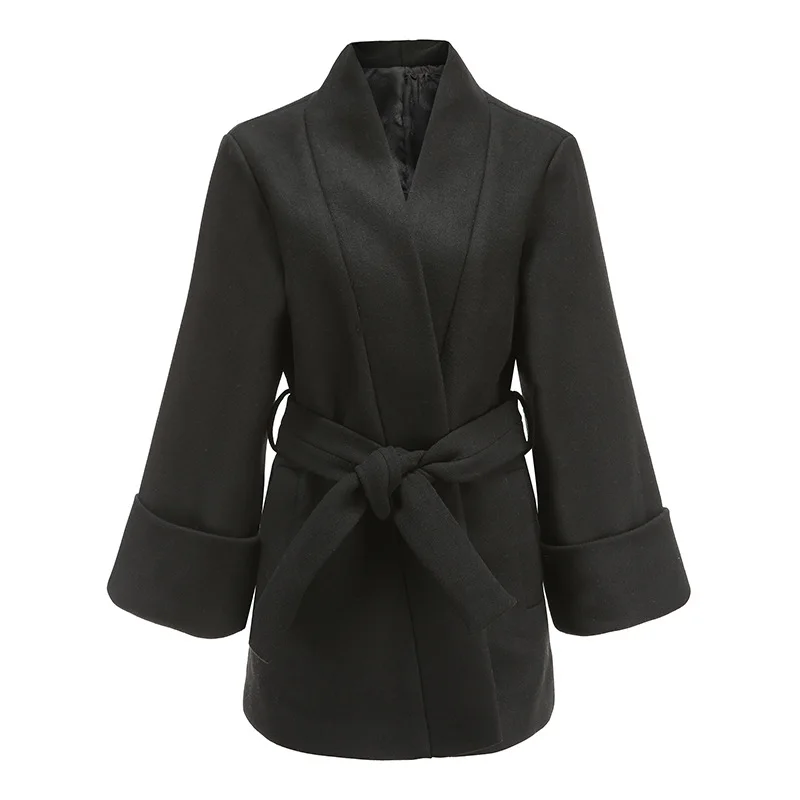 

2019 Winter Woolen Women's Windbreaker Lace-up Wool Coat Waist Hugging Slimming Mid-length Black And White with Pattern Woolen O