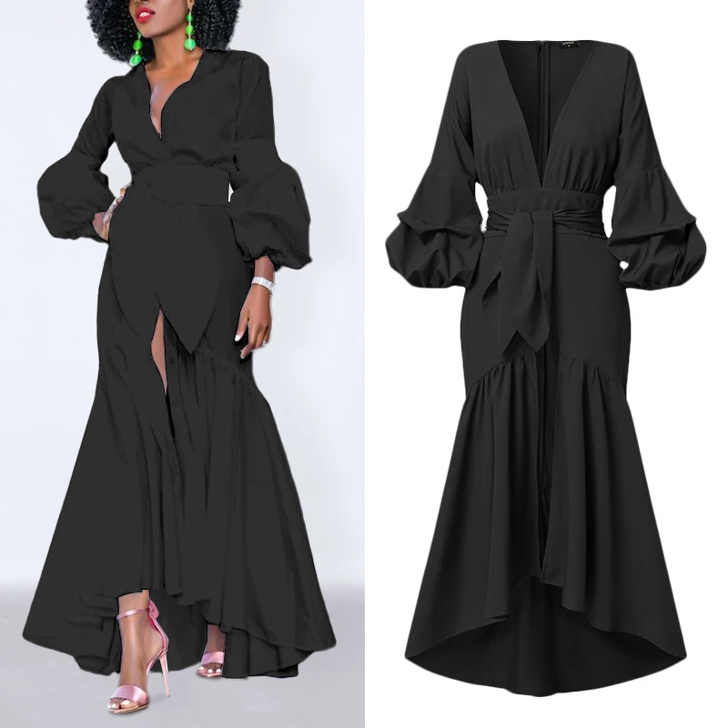 VONDA 2021 Holiday Dress Women Sexy Deep V Neck Solid Asymmetrical Dresses Autumn Long Sleeve