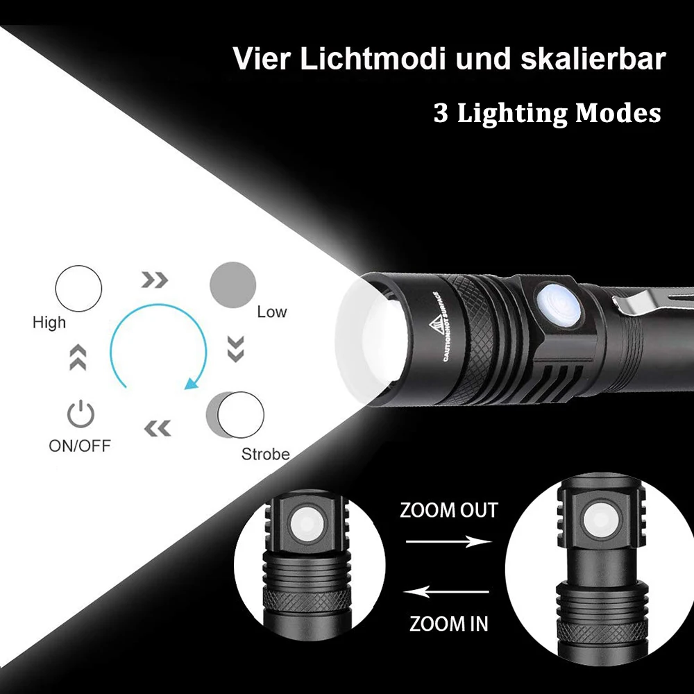 USB Rechargeable LED Flashlight Super Bright V6 Tactical Torch 4 Lighting Modes Zoomable Lamp Waterproof 18650 Camping  Lantern security torch