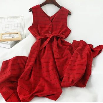 

2020 Korean Red/Blue/Yellow Women Plaid Rompers Summer High Waist Sashes Sleeveless Wide Leg Loose Vintage Jumpsuits Playsuits