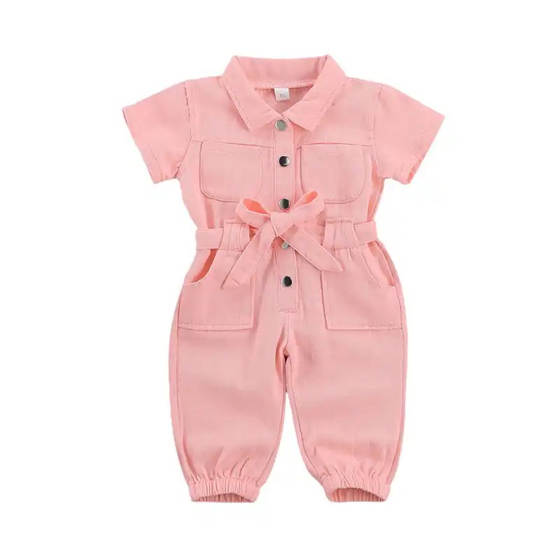 Girls Jumpsuit Work Clothes One Piece Standing Collar Pocket Short Sleeve Romper For Children Toddler Girl Clothes Rompers Aliexpress