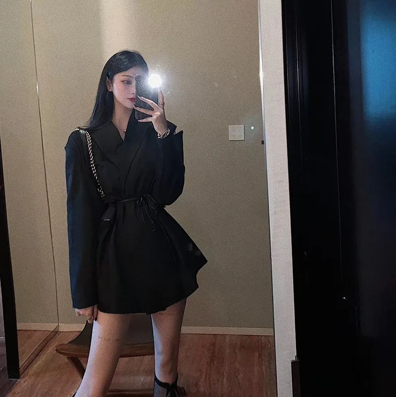 

2019 New Style Black And White with Pattern Loose-Fit Cut Mouth Long Sleeve Small Suit Coat Women's Autumn Casual Waist Hugging