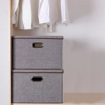 

Large Gray with Lid Folding Storage Box Linen Fabric Foldable with Lid Storage Box Storage Basket Home Bedroom Closet Office Kin