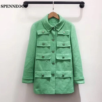 

SPENNEOOY Designer Custom Runway Female Fashion Spring Casual Jackets Women's Long Sleeve Button Pockets Silk Lined Vogue Coat
