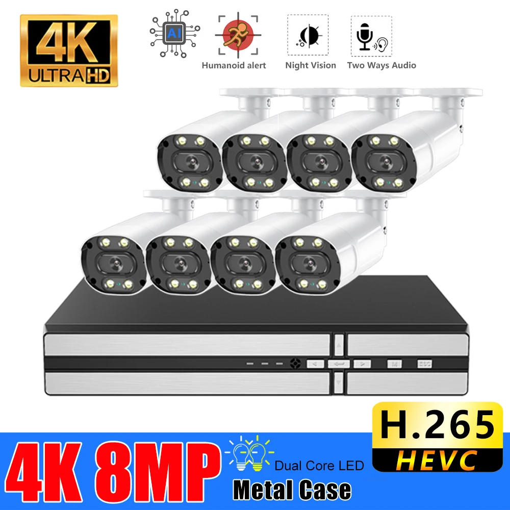 

Security Camera System 8CH 4K 3840*2160 HD POE NVR Kit CCTV Audio Record Outdoor Video Surveillance IP Camera AI Dual Leds Set